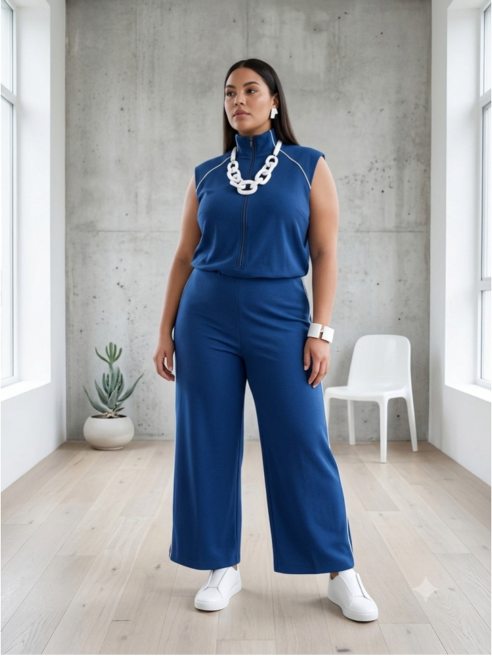 SPANX AirEssentials Pique Sleeveless Jumpsuit 2X 2T Navy Blue Piping Wide Leg Zi